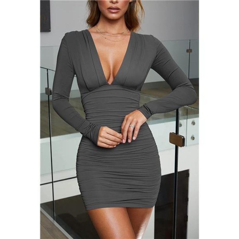 Women's Sexy Long Sleeve V Neck Ruched Bodycon Cocktail Mini Dress Gray NWT - Picture 4 of 6